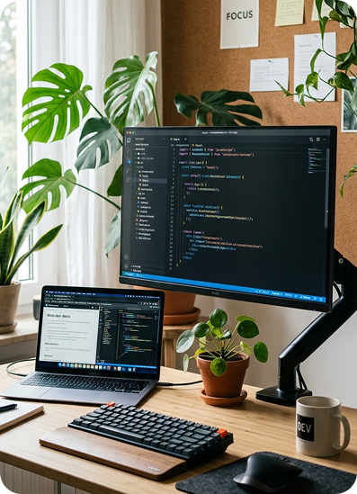 Web development workspace with coding screens